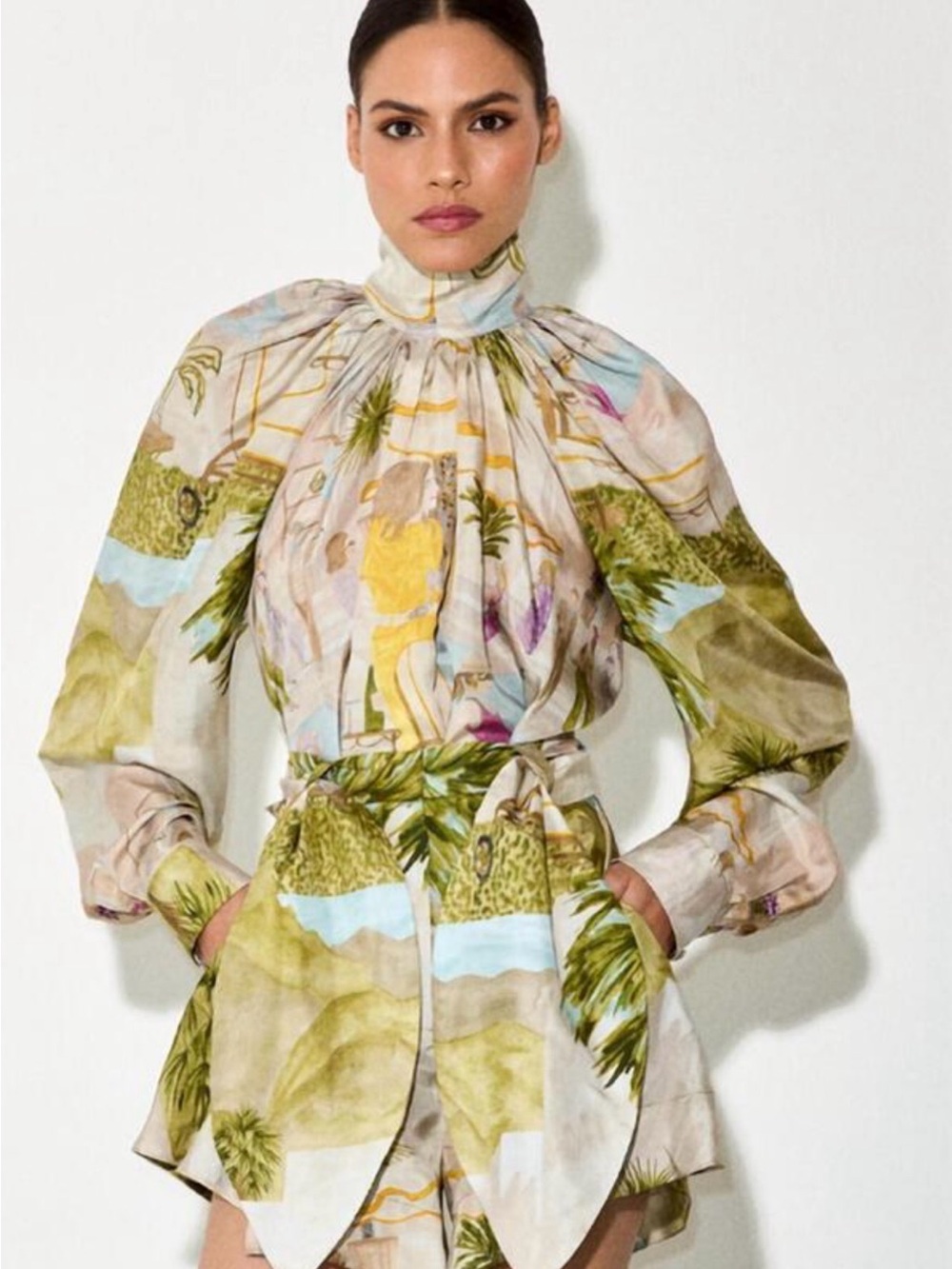 Printed Gathered A-Line Skirt in Yellow and Cream